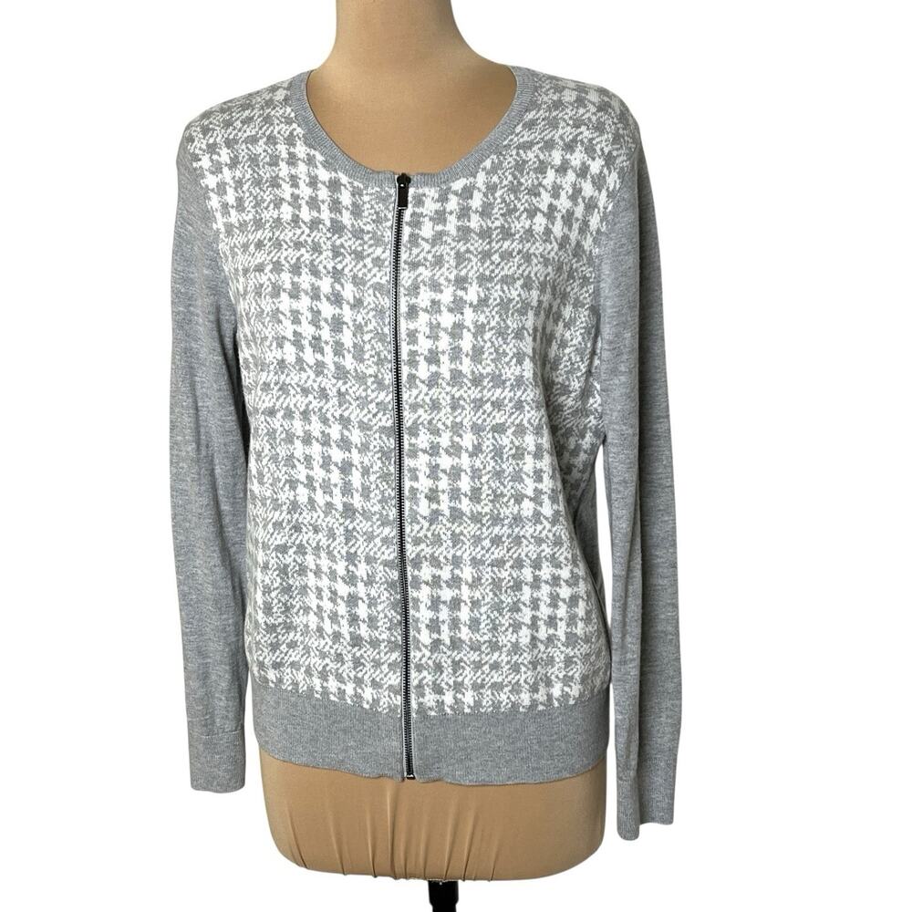 Ann Taylor Factory Houndstooth Sweater Womens Large Cotton Blend Gray Full Zip